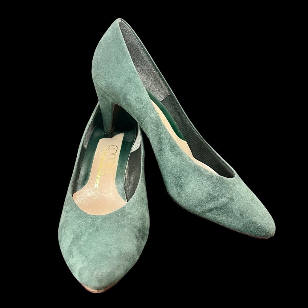 Vintage Connie Commuters Pumps Heels Shoes Green Faux Suede 3" Cone Heel Sz 7.5